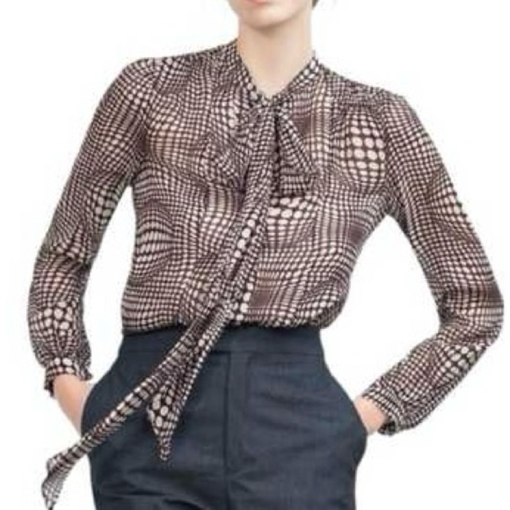 Zara| Sheer Plum/White Geometric Optical Patterned Silky Blouse Neck  Bow Sz XS
